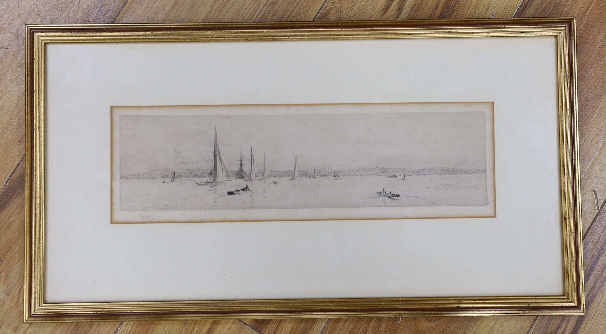 William Lionel Wyllie (1851-1931), drypoint etching, 'Yachts on the Solent', signed in pencil, 9 x 33cm